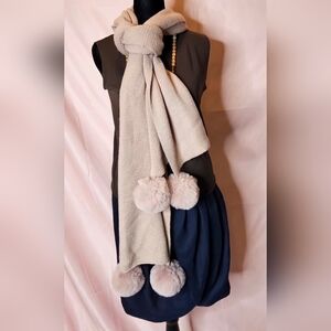 NWT Blush Pink Knit Scarf with Faux Fur Pom Poms